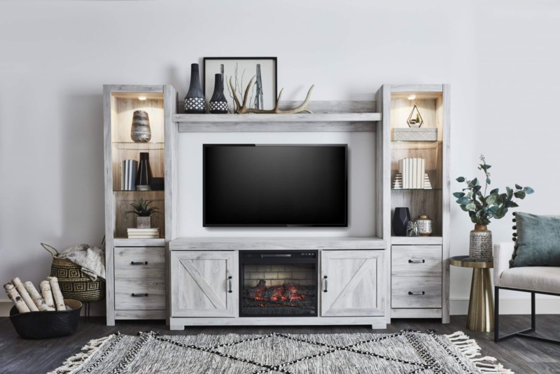 Entertainment Center with Electric Fireplace and Whitewashed Finish