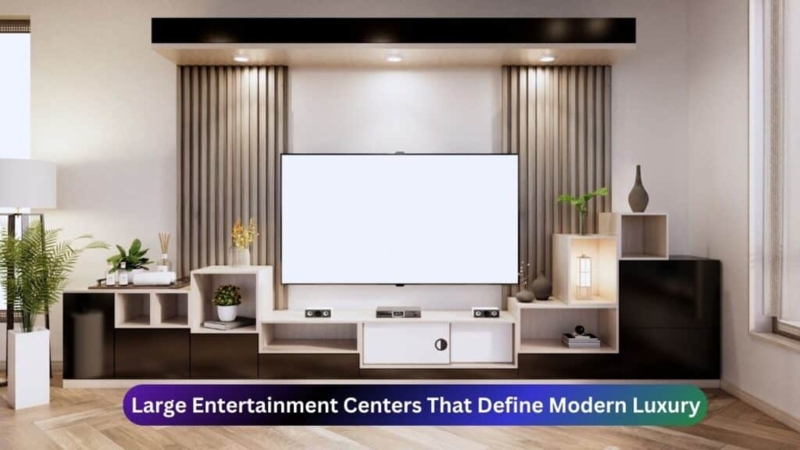 Entertainment Center with Fluted Wall Panels and Asymmetrical Shelving