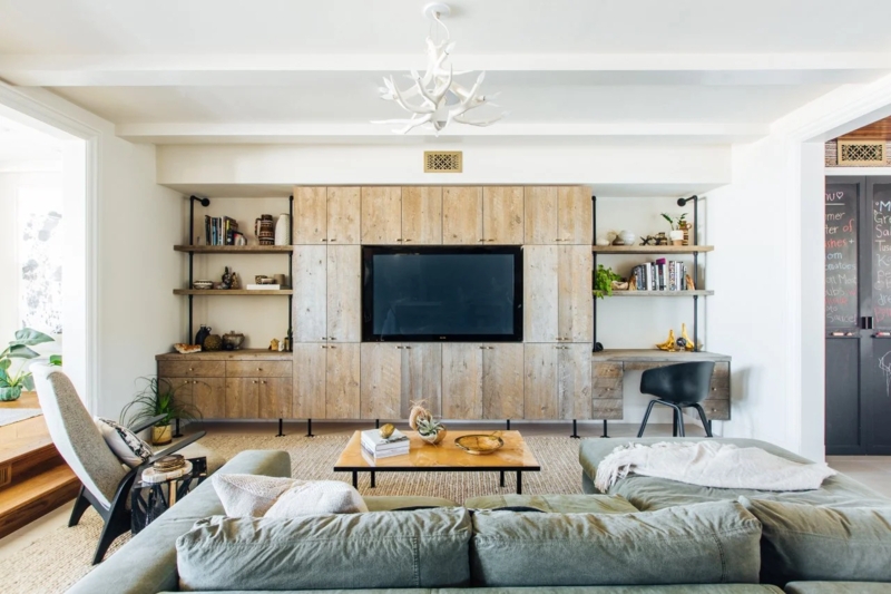 Entertainment Center with Integrated Desk and Industrial Pipe Shelving