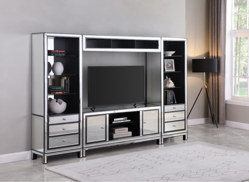 Entertainment Center with Mirrored Glass and Crystal Knobs