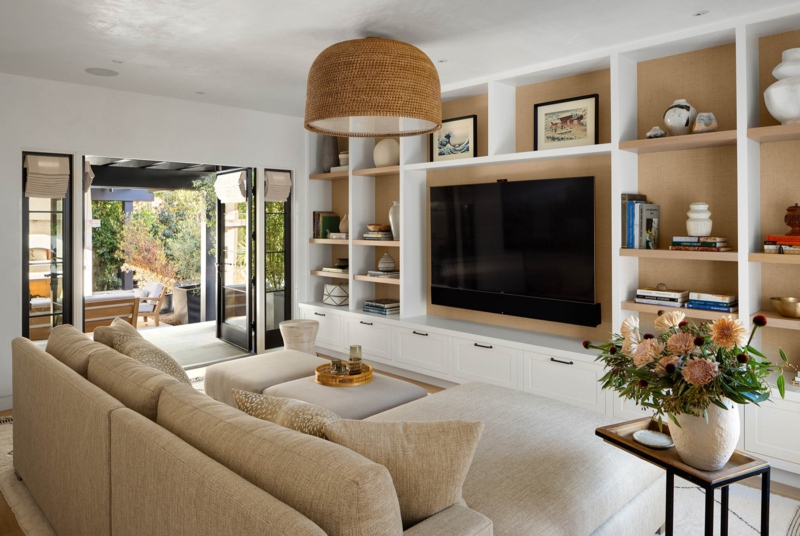 Entertainment Center with Textured Shelf Backing and Woven Pendant