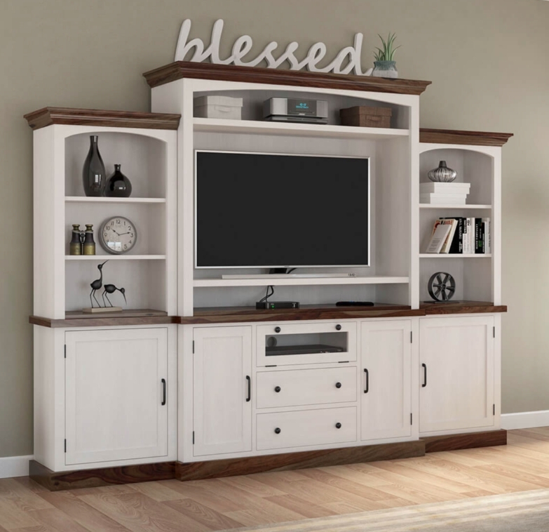 Entertainment Center with Two-Tone Finish and Arched Side Towers