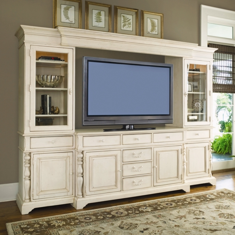Entertainment Wall Unit in Antique White featuring Turned Pilasters