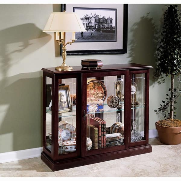 Entryway Console with Glass, Cherry Finish, and Antique Brass
