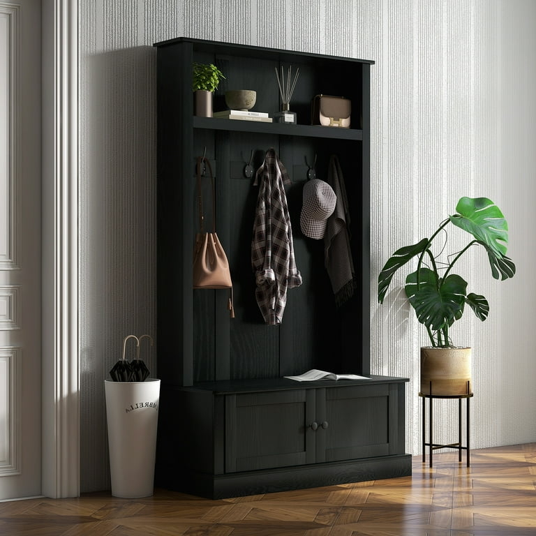 Entryway Hall Tree in Matte Black with Vertical Paneling Details