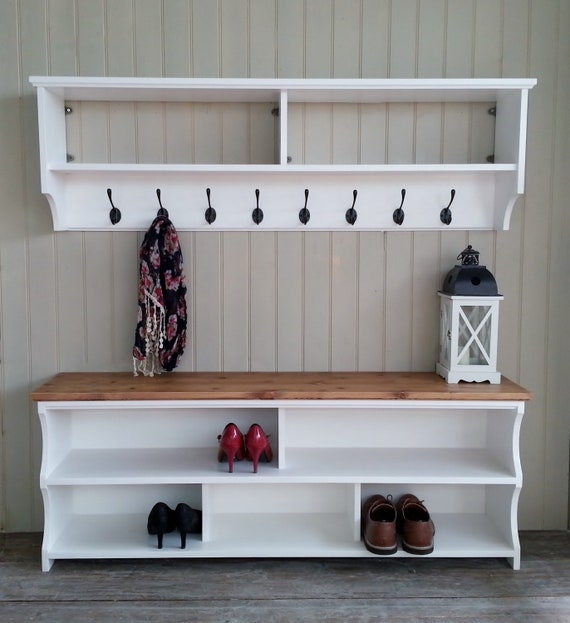 Entryway Set: Wall Mounted Rack and Shoe Bench with Honey Wood Top