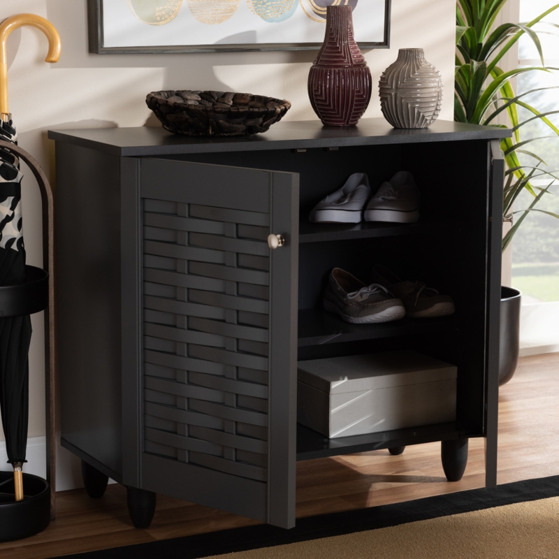 Entryway Shoe Cabinet Dark Gray Woven Door Texture Tapered Legs