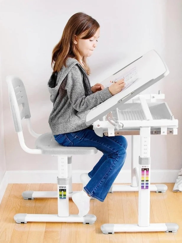 Ergonomic Kids Desk Set Tilting Desktop Height Adjustable Grey