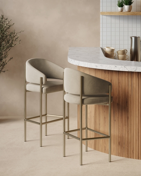 Esme Counter Stool, Vegan Suede/Brushed Brass Legs, Beige/Antique Brass, Seat Height 25.5"