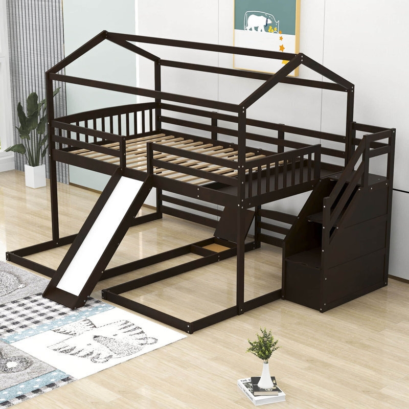 Espresso Brown Triple Bunk Bed Cabin with Attached Stairs and Slide