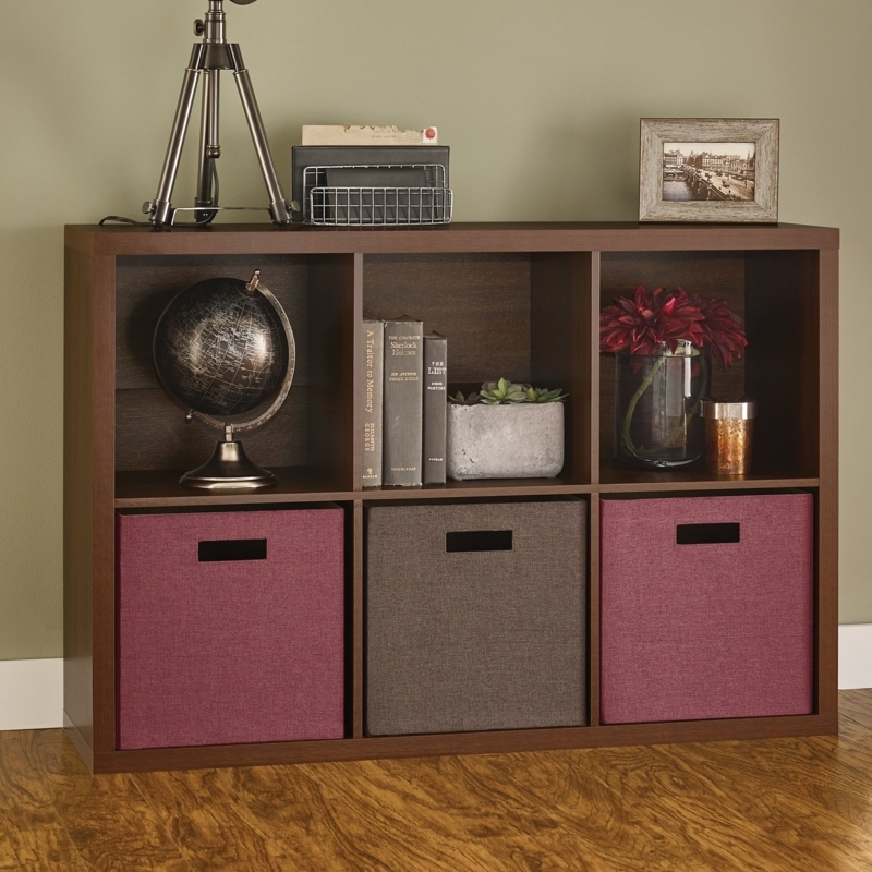 Espresso Cube Storage: 6-Cube Organizer with Plum Fabric Bins