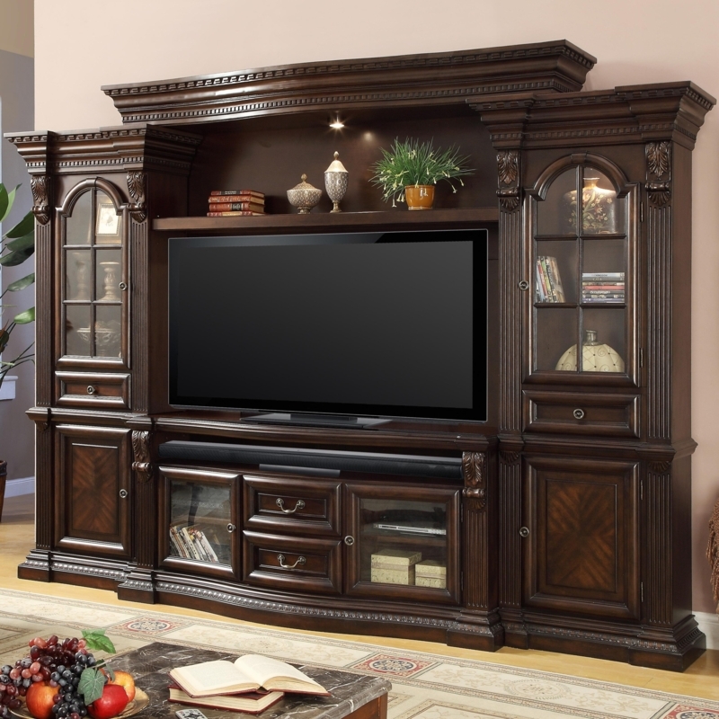 Espresso Entertainment Center Sunburst Veneer Arched Glass Doors