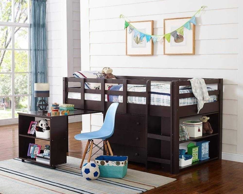 Espresso Loft Bed System with Built-In Desk and Three-Drawer Dresser