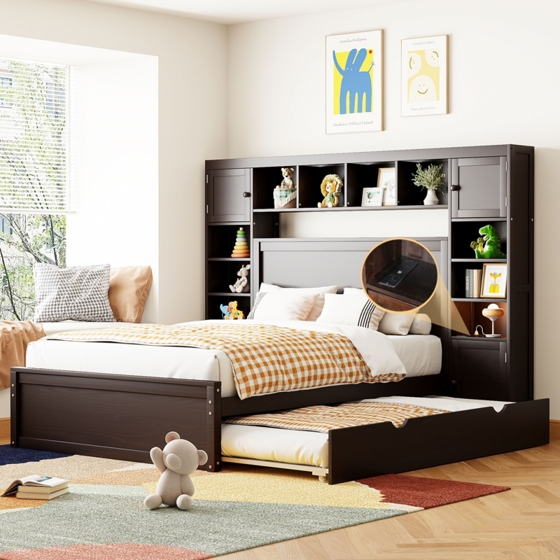 Espresso Platform Bed with Bookcase Headboard & Trundle