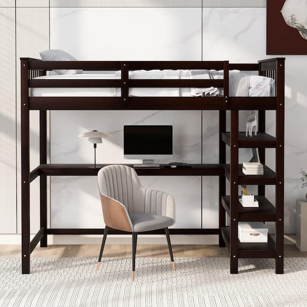 Espresso Twin Loft Bed with Integrated Desk and Built-In Shelving