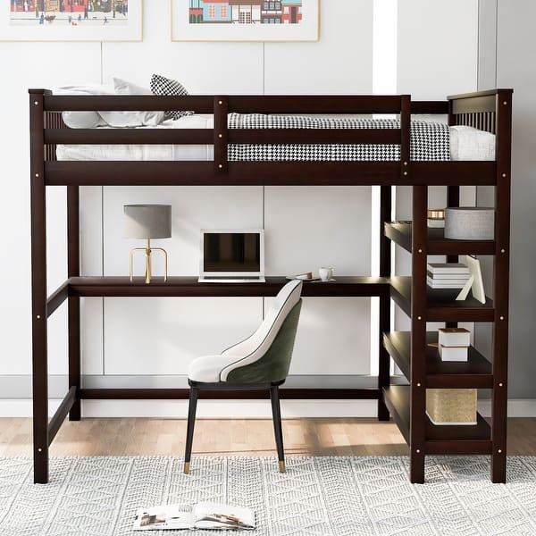 Espresso Wood Loft Bed with Full-Length Desk and 4-Tier Shelving