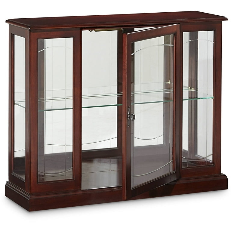Etched Glass Curio Console with Interior Lighting and Mirror Back