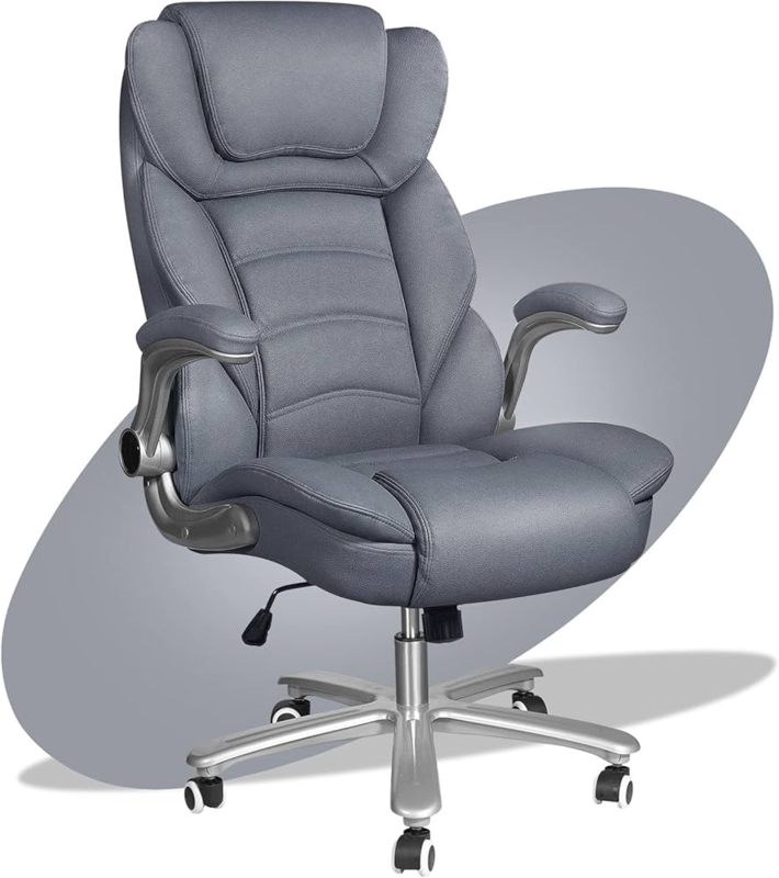 Executive Chair Slate Grey Upholstery with High Back and Flip-Up Arms