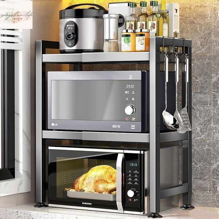 Expandable Width Bakers Rack with Matte Black Frame and 3 Tiers