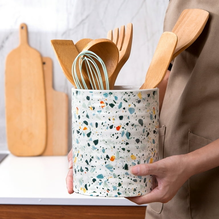 Extra Large Kitchen Crock, White Ceramic with Terrazzo Pattern