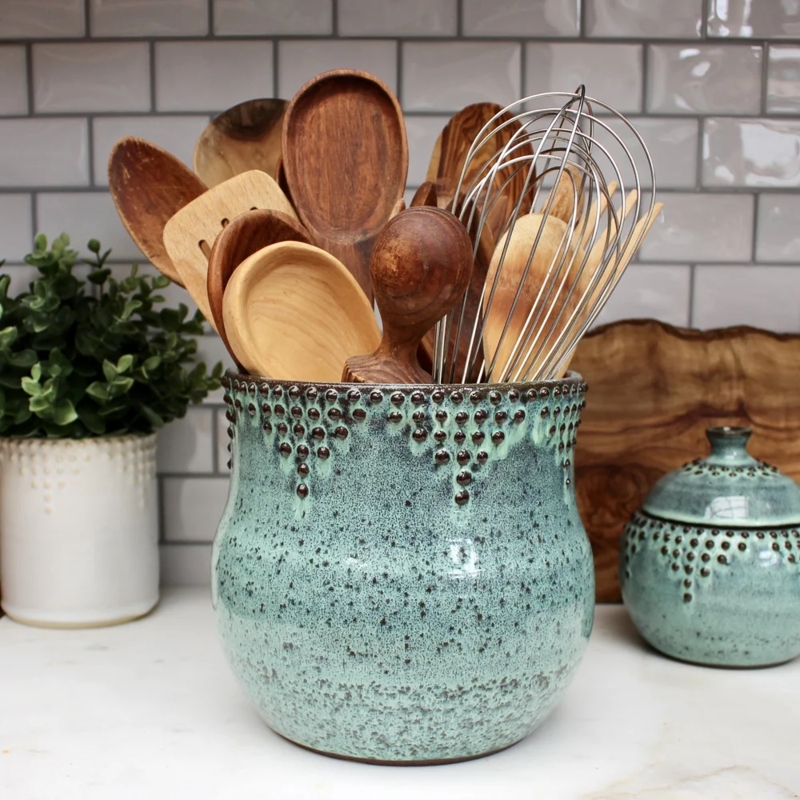 Extra Large Utensil Crock, Aqua Mist Glaze with Beaded Rim Detail