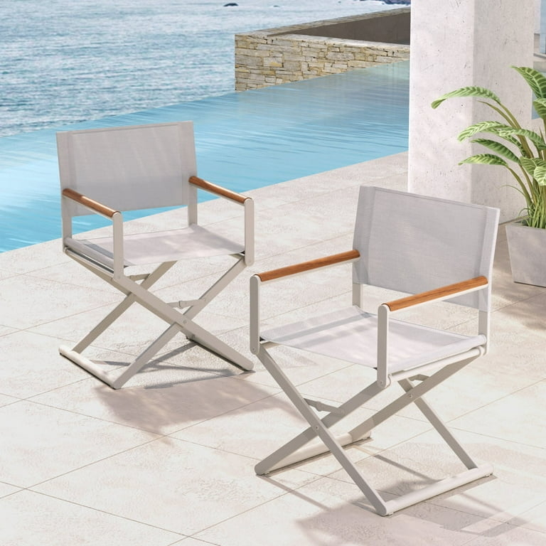 Extra Wide Directors Chair with Warm Beige Mesh and Wood Grain Armrests