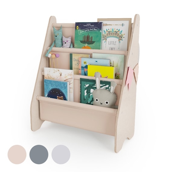 Fabric Sling Bookcase with Curved Wood Sides in Pale Pink