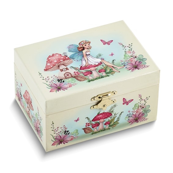 Fairy Mushroom Musical Jewelry Box with Gold Clasp, Cream Finish