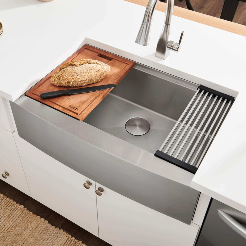 Farmhouse Apron Sink: Brushed Stainless Steel Workstation with Roll-Up Rack