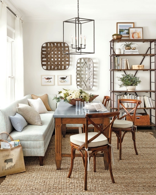 Farmhouse Banquette Seating with Tobacco Basket Decor