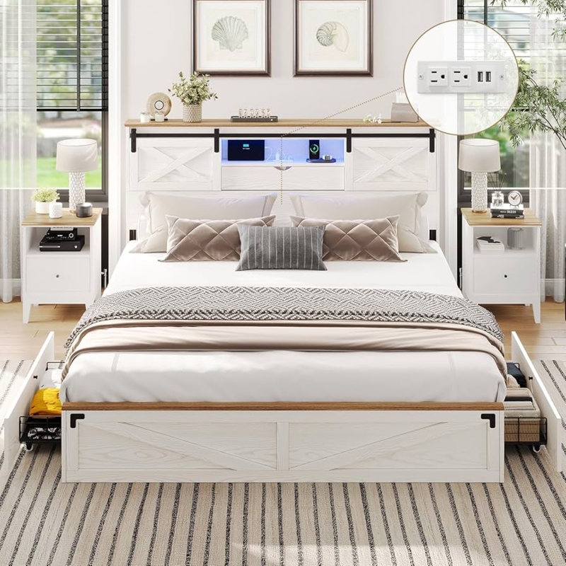 Farmhouse Bed Frame Whitewashed Integrated Power Strip Barn Door LED