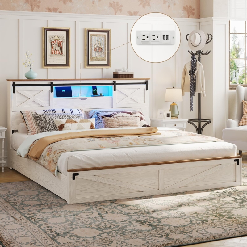 Farmhouse Bed Whitewashed Sliding Barn Doors X-Brace Detail Charging