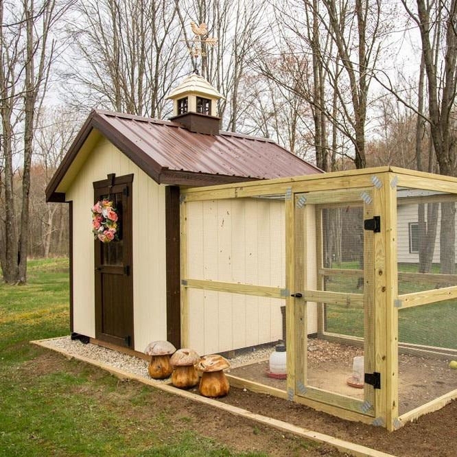 Farmhouse Chicken Coop with Run featuring Rooster Weathervane and Cupola