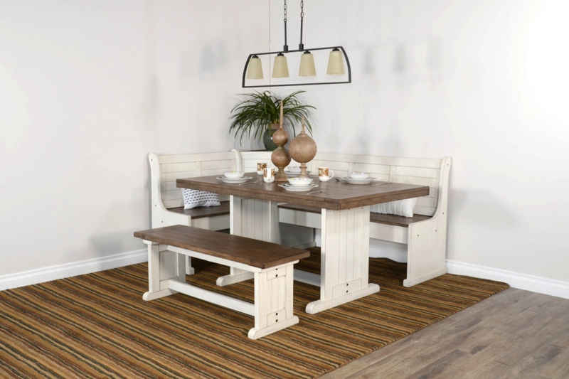 Farmhouse Corner Dining Set Whitewashed Trestle Base Slat Back