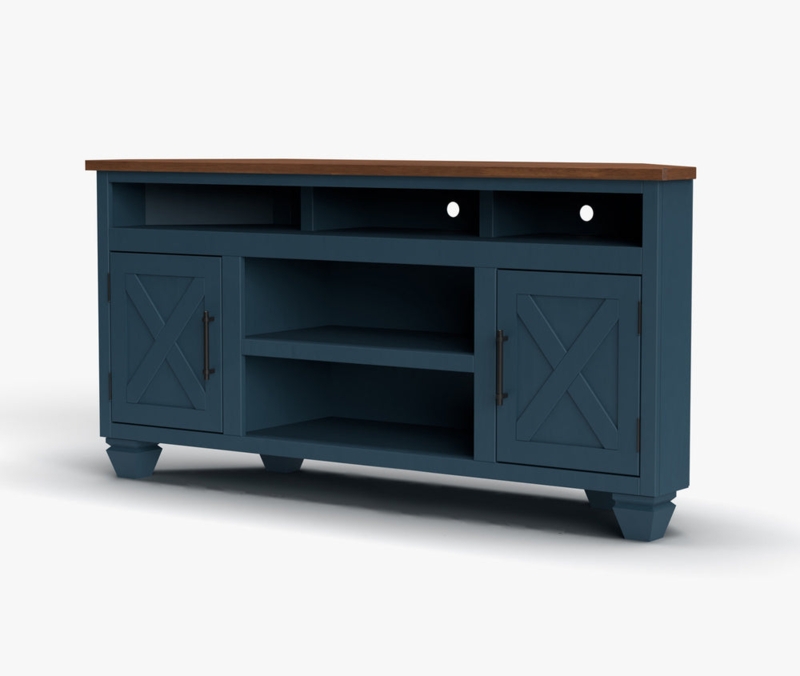 Farmhouse Corner Media Console Denim Blue with Barn Door Details
