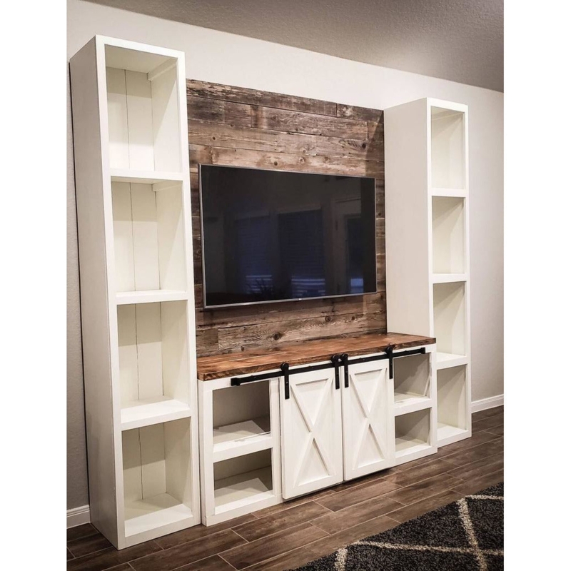 Farmhouse Entertainment Center, Wood Plank Backdrop, White and Wood