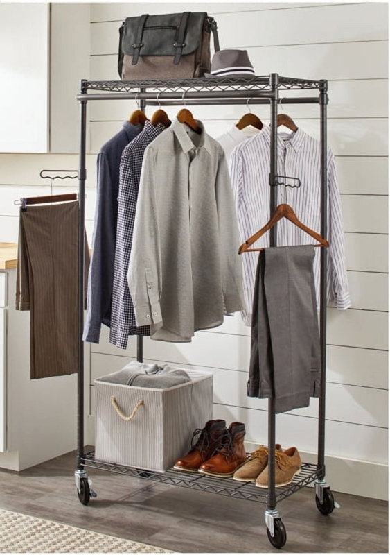 Farmhouse Garment Rack with Wood Toned Rods & Wavy Side Hooks