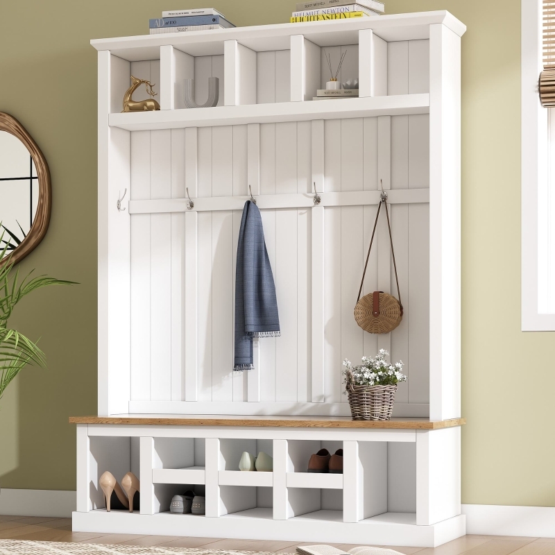Farmhouse Hall Tree featuring Shiplap Back and Two-Tone Oak Finish