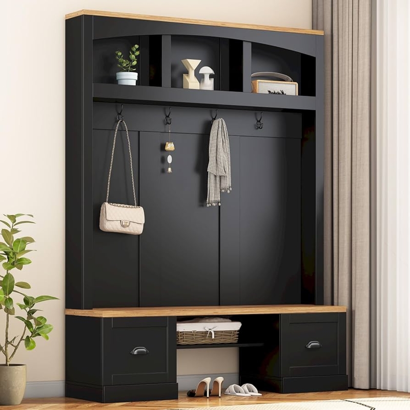Farmhouse Hall Tree in Black with Shell Drawer Pulls and Wood Accents