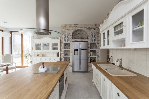 Farmhouse Kitchen Exposed Brick Surround Accent Wall Wood Countertops