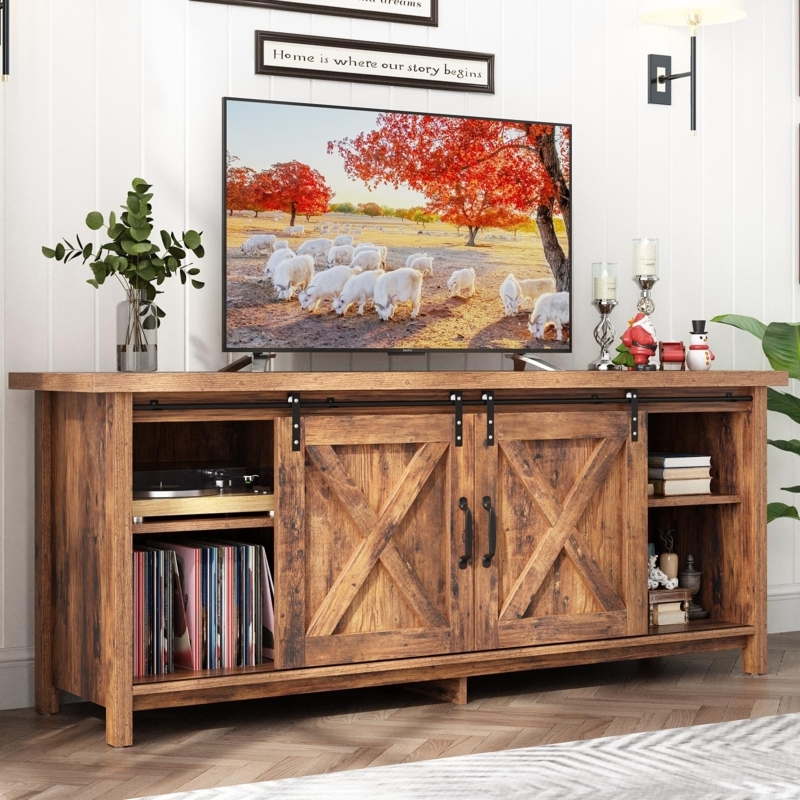 Farmhouse Record Player Cabinet: Sliding Barn Doors, Vinyl Storage.
