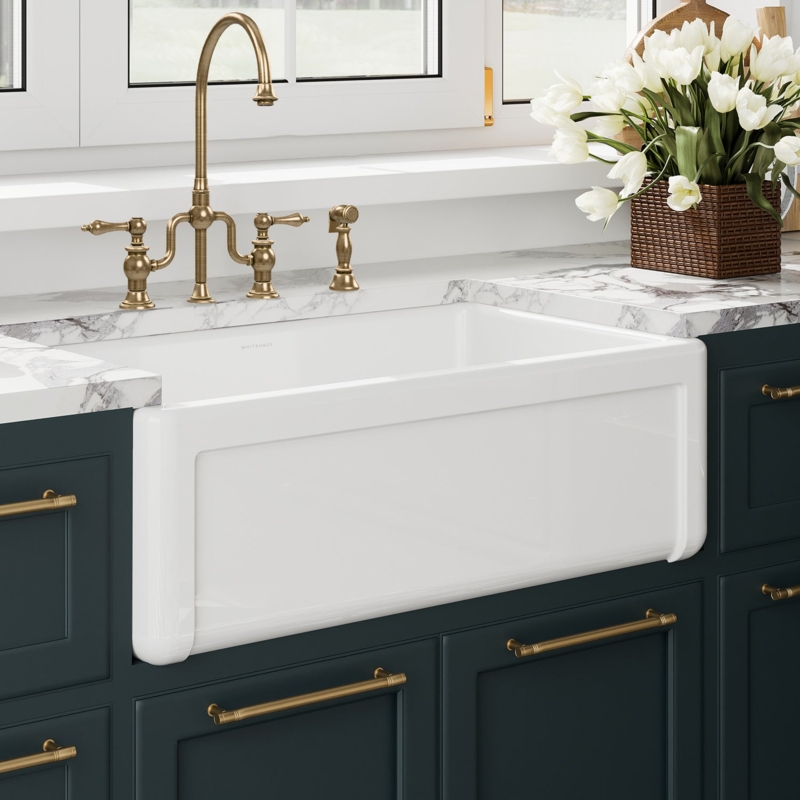 Farmhouse Sink: Apron Front Kitchen Sink, Bridge Faucet & Side Sprayer