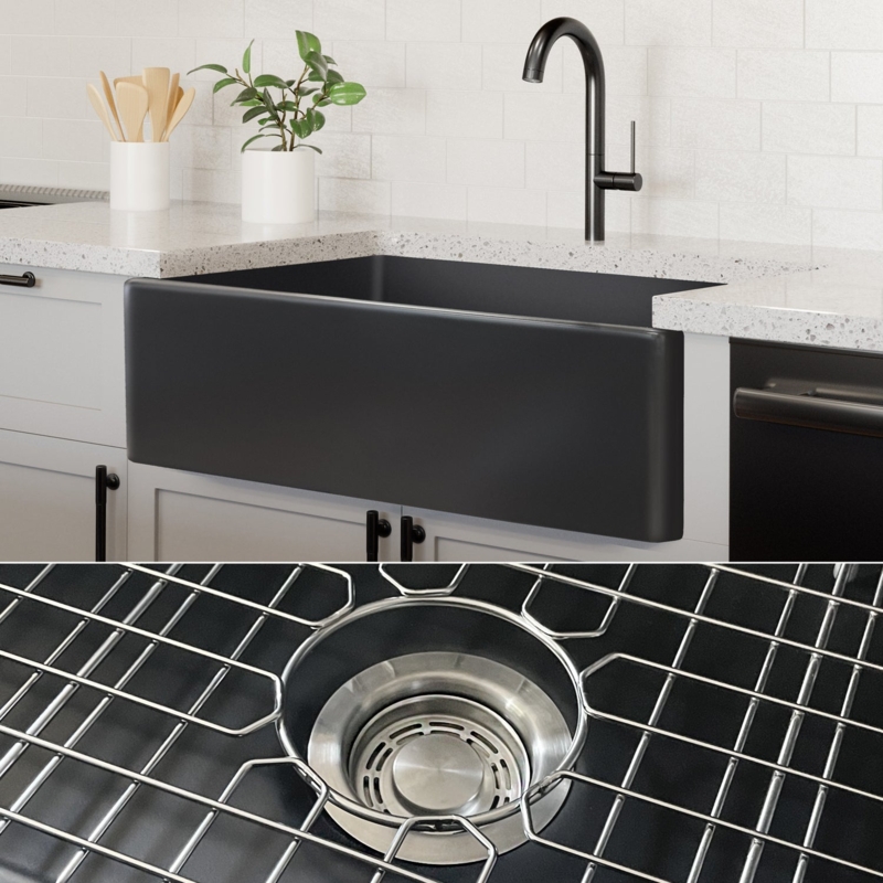 Farmhouse Sink: Black Fireclay Apron Front, Matte Finish & Protective Grid