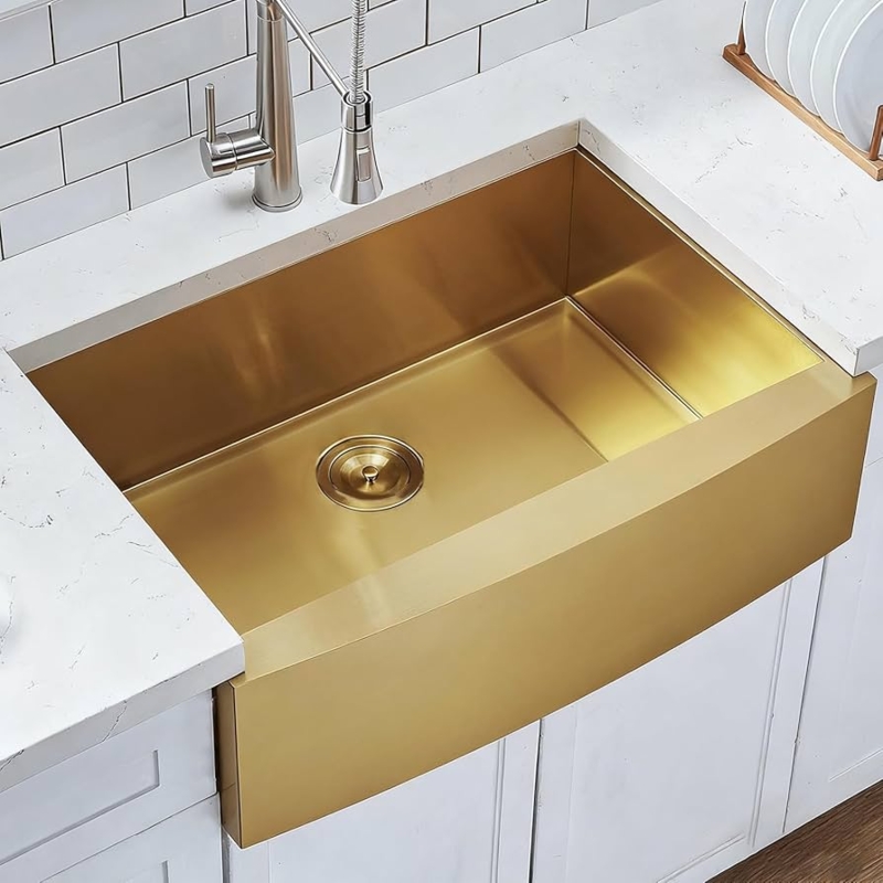 Farmhouse Sink: Brushed Gold Stainless Steel Apron Front, Single Bowl Basin