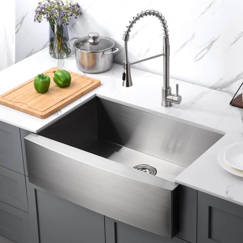 Farmhouse Sink: Brushed Stainless Steel Apron Front with Spring Neck Faucet