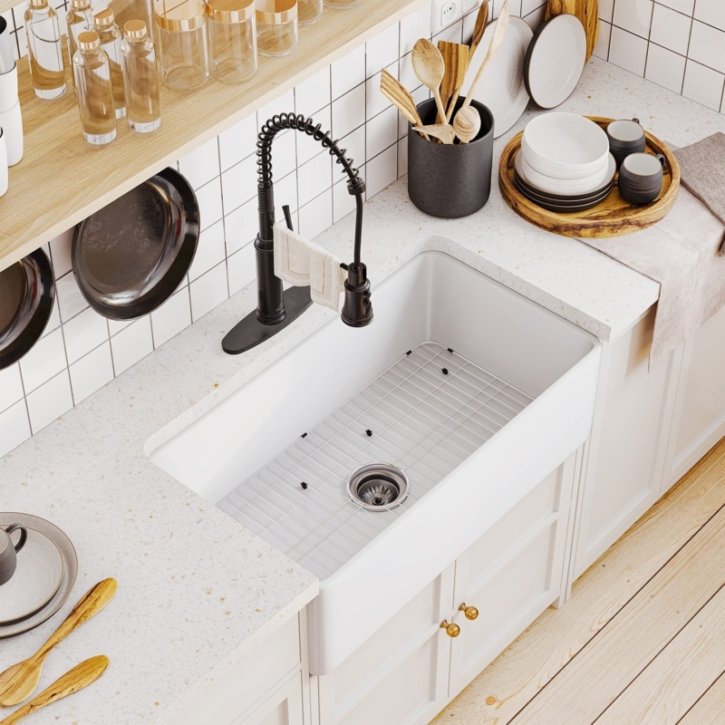 Farmhouse Sink: Ceramic-Like Apron Front with Industrial Spring Faucet