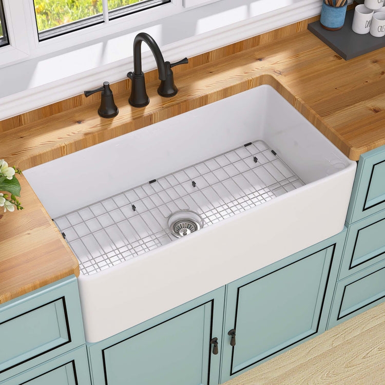 Farmhouse Sink: Deep White Fireclay-Like Apron Front with Center Drain