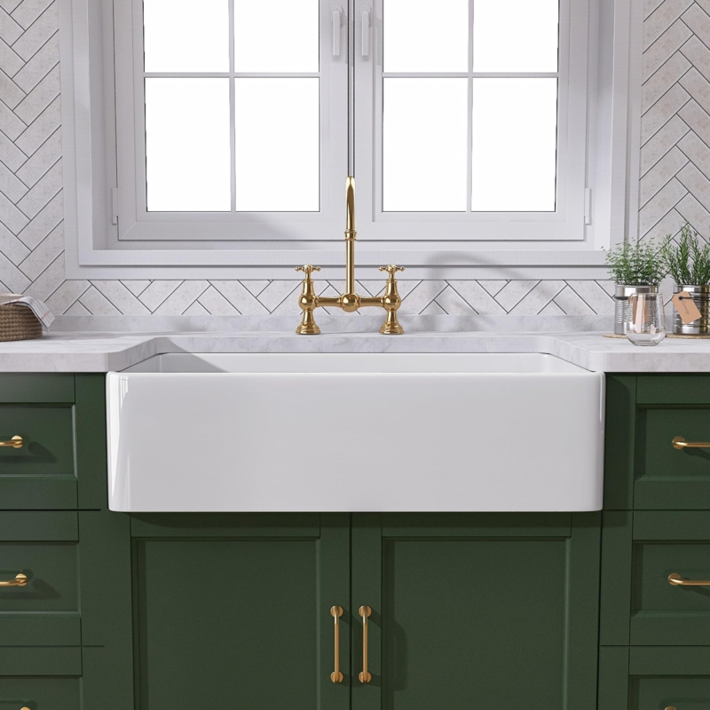 Farmhouse Sink: Fireclay Apron Front, White Bridge Faucet & Cross Handles
