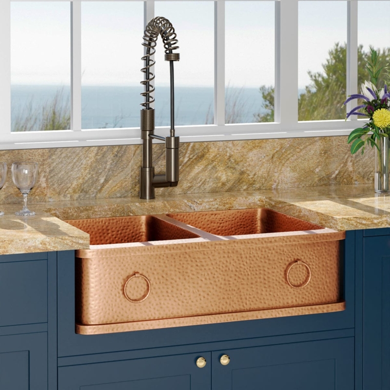 Farmhouse Sink: Hammered Copper Double Bowl Apron with Decorative Rings
