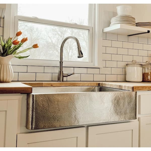Farmhouse Sink: Hammered Stainless Steel Apron Front, Single Bowl Basin